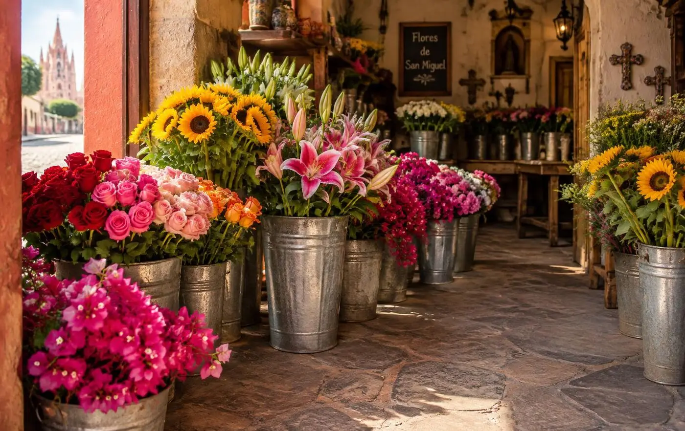 Cubetas con rosas, girasoles, lilis y bugambilias frescas en la entrada de una florería del Centro