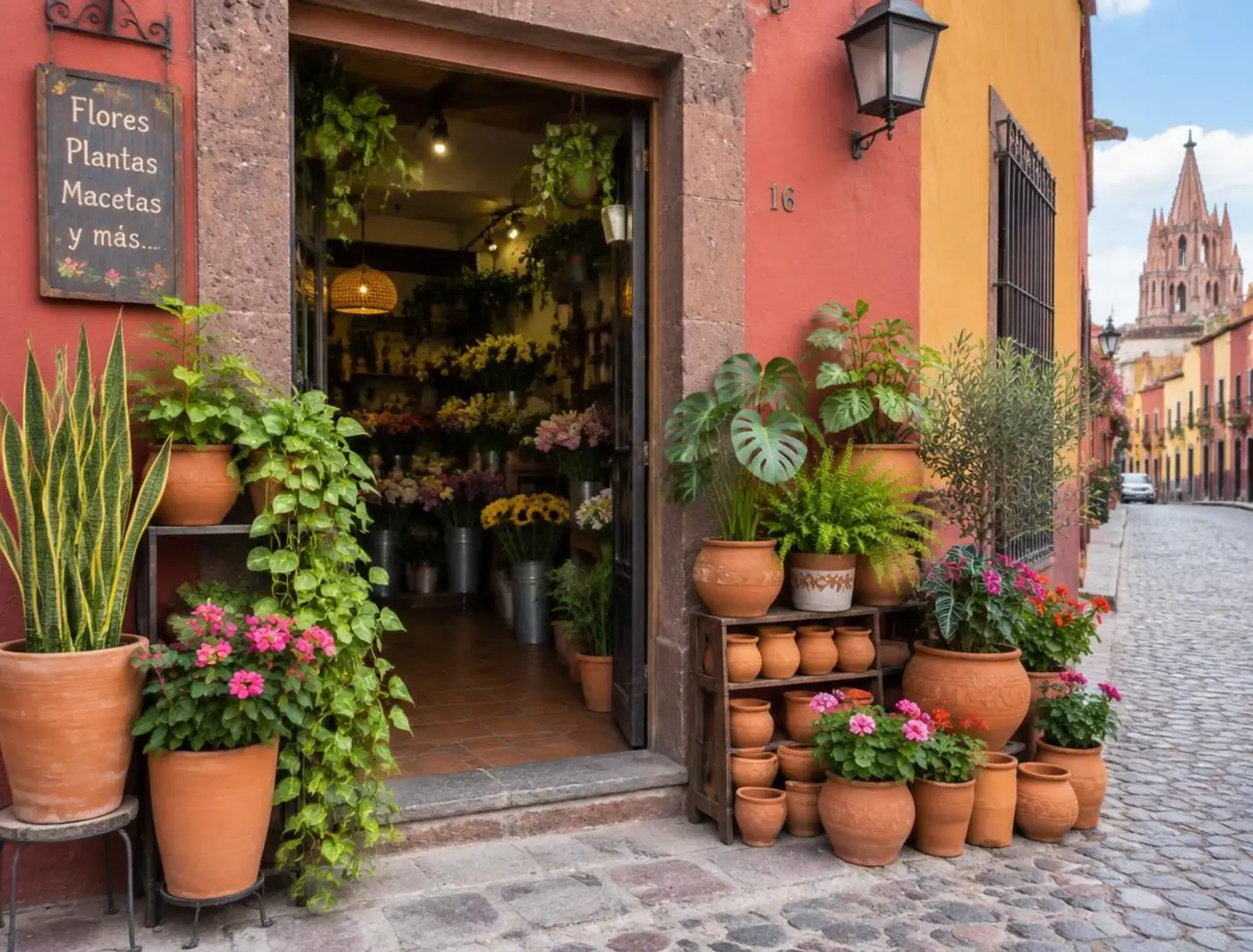 Plantas en macetas de barro en la entrada de una florería sobre una calle empedrada