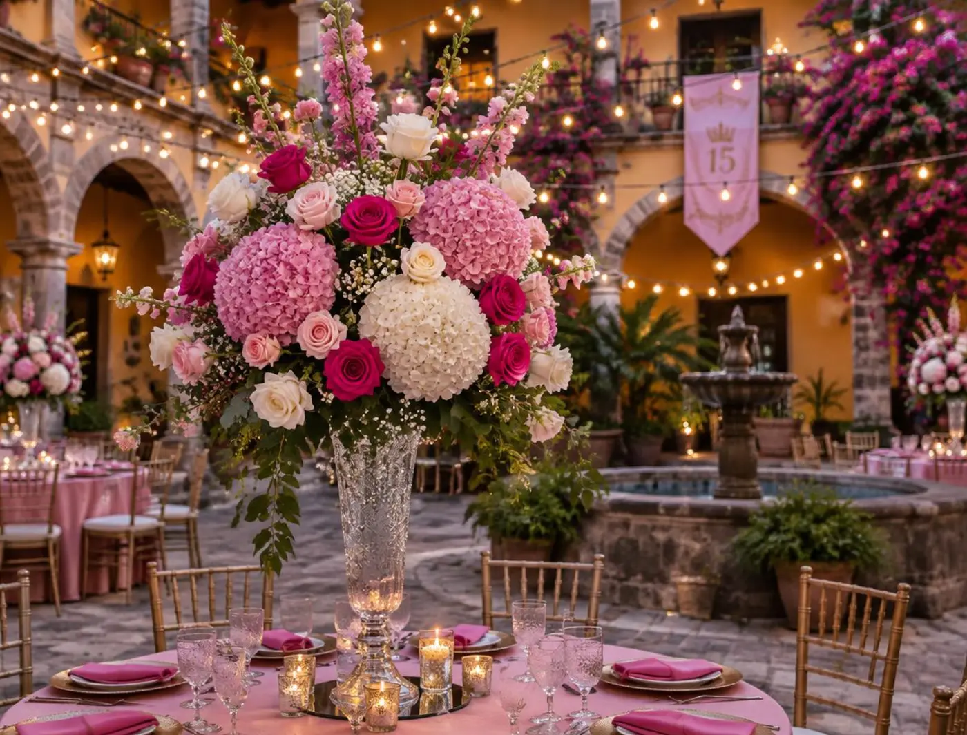 Arreglo alto de rosas e hortensias rosas y blancas sobre una mesa de fiesta en un patio colonial
